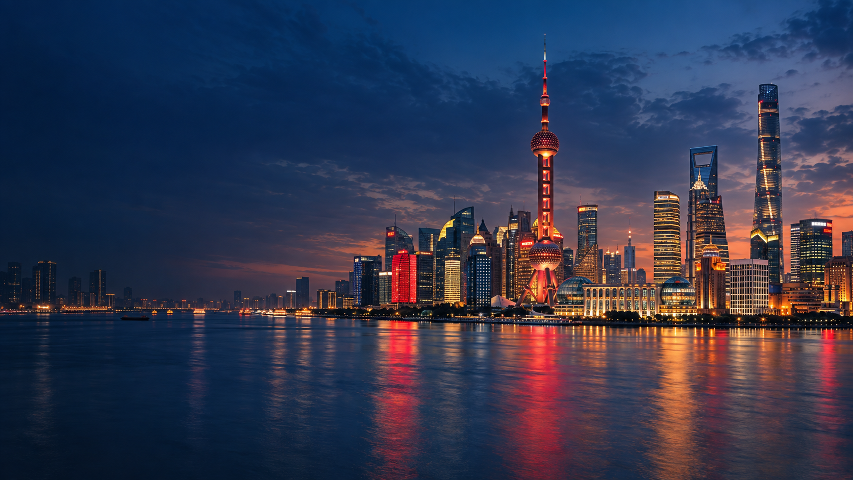 Paisagem ilustrativa da China, com edifícios iluminados refletidos no rio